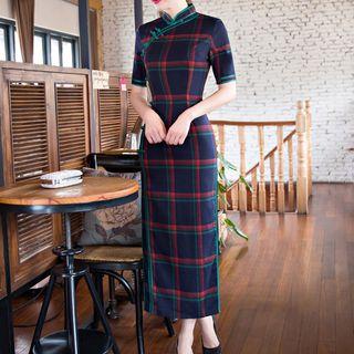 Plaid Short-sleeve Cheongsam
