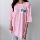 Drop-shoulder Letter Print Stripe T-shirt