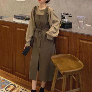 Set: Long-sleeve Top + Button-up Midi A-line Pinafore Dress