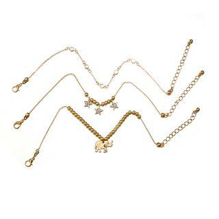 Set Of 3: Rhinestone Anklet Gold - One Size