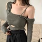 Mock Two-piece Asymmetric Cold-shoulder Knit Top
