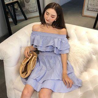 Ruffled Off Shoulder Striped A-line Dress Stripe - One Size