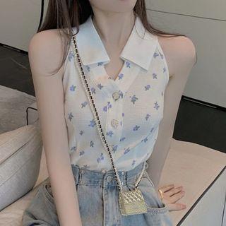 Halter-neck Floral Print Button-up Top Almond - One Size