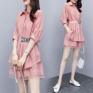 Set: Puff-sleeve Shirt + Mesh Panel Shorts