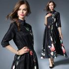 Flower Print Elbow-sleeve Midi A-line Dress