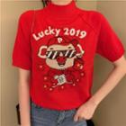 Short-sleeve Pig Applique Mock-neck Knit Top