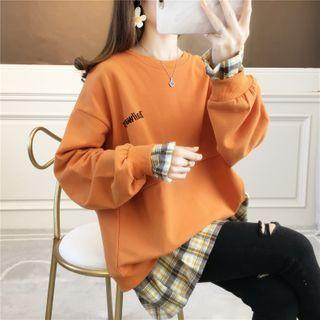 Mock Two-piece Plaid Trim Lettering Sweatshirt
