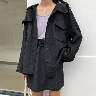 Set: Buttoned Corduroy Jacket With Belt + A-line Skirt