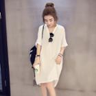 Plain Elbow Sleeve Split Neck Shirt Dress