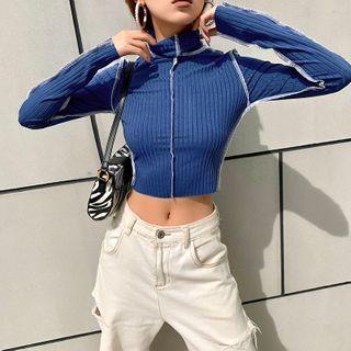 Mock-turtleneck Paneled Long-sleeve T-shirt
