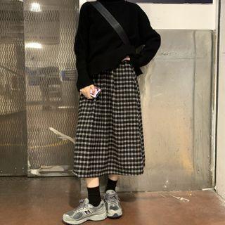 Plain Mock-neck Sweater / Plaid Midi A-line Skirt