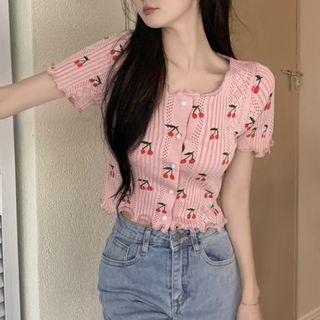 Short-sleeve Wood Ear Trim Cherry Pattern Cardigan Pink - One Size