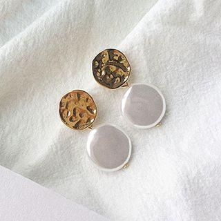 Irregular Metal & Faux Pearl Disc Dangle Earring E402 - S925 Silver Needle - Earring - One Size