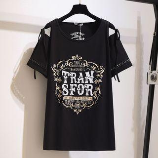 Short Sleeve Cold Shoulder Letter Print T-shirt