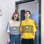 Couple Matching Striped Trim Elbow-sleeve T-shirt