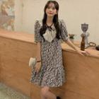 Short-sleeve Print Tie-neck A-line Dress Black & White - One Size