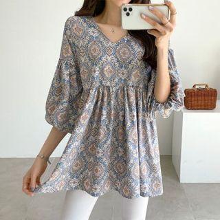 Bishop-sleeve Shirred Paisley Blouse