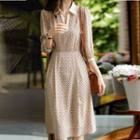 Elbow-sleeve Open-collar Check Midi A-line Dress