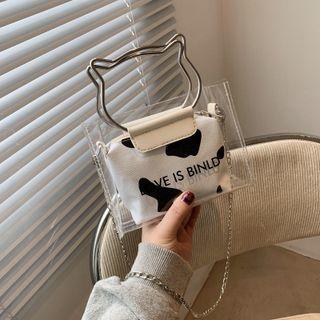 Set: Pig Handle Pvc Crossbody Bag + Cow Print Pouch