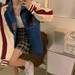 Color Block Lettering Zip-up Jacket White & Blue - One Size