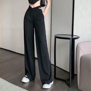 High-waist Plain Cut-out Wide-leg Pants