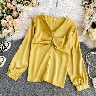 V-neck Ruched Long-sleeve Blouse