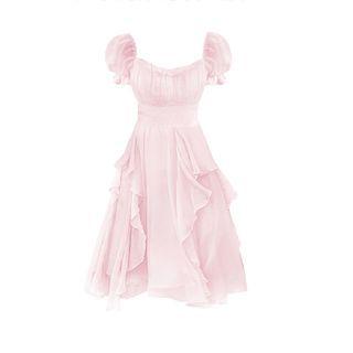 Puff Sleeve Ruffle Plain Dress