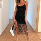 Spaghetti Strap Sequin Fringed Hem Mini Sheath Dress