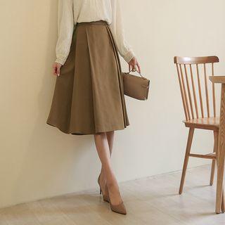 Band-waist Pleated-trim Midi Flare Skirt