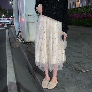 Embroidered Pullover / Midi Mesh Skirt