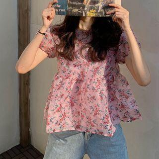 Puff-sleeve Flower Print Chiffon Blouse