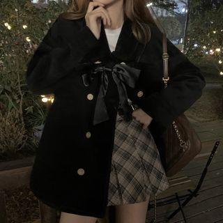 Corduroy Double Breasted Coat / Plaid Skirt