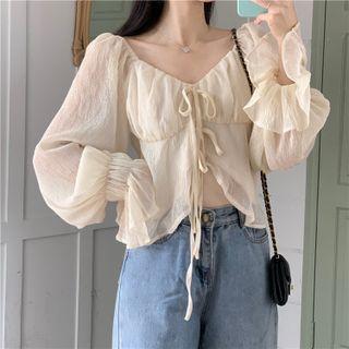 Long-sleeve Sheer Top Top - Beige - One Size