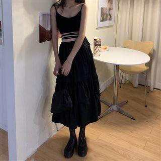 Long-sleeve Cropped Lace Top / Cropped Camisole Top / Midi A-line Skirt