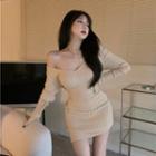 V-neck Plain Mini Bodycon Dress Almond - One Size