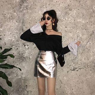 Striped Panel Pullover / Faux-leather A-line Skirt