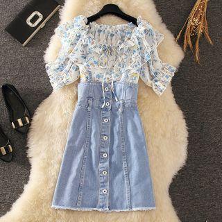 Set: Short-sleeve Floral Print Top + Denim Suspender Dress