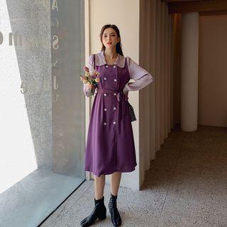 Long-sleeve Double Breasted Two Tone Midi Dress