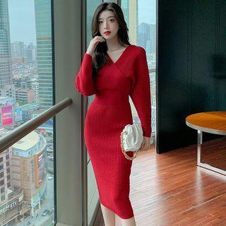V-neck High-waist Knit Medium Long Dress