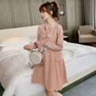 Tie-neck Floral Print Blouse / A-line Pinafore Dress