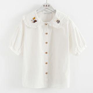 Short-sleeve Embroidered Button-up Blouse