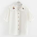 Short-sleeve Embroidered Button-up Blouse