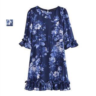 Elbow-sleeve Floral Print Frill Trim Mini Dress