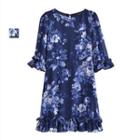 Elbow-sleeve Floral Print Frill Trim Mini Dress