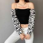 Cold-shoulder Zebra Print Panel T-shirt Black - One Size