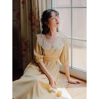 Elbow-sleeve Lace Collar A-line Midi Dress