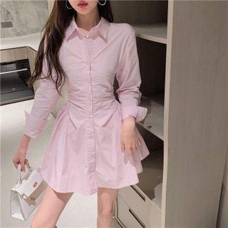 Long-sleeve Plain Shirtdress Pink - One Size