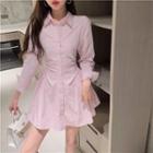 Long-sleeve Plain Shirtdress Pink - One Size