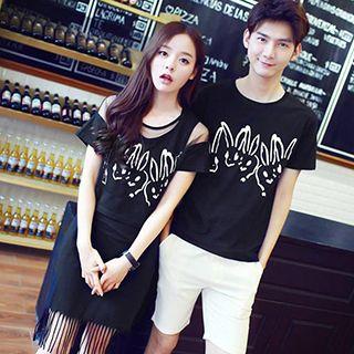 Couple Matching Set: Printed T-shirt / Mesh Panel Dress