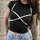 Short Sleeve Cross-strap Ribbed-knit Crop Top